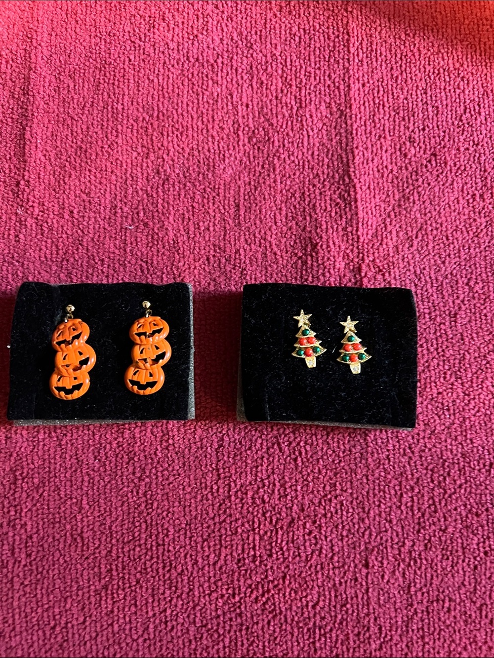 Orange Halloween Pumpkin Drop Earrings and Green/Red Christmas Tree Studs Set